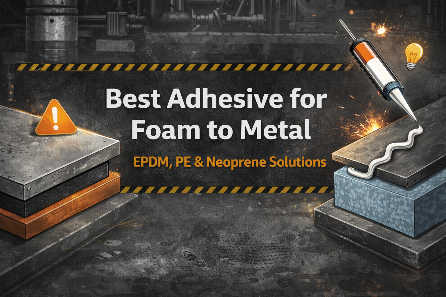 Industrial illustration showing foam bonded to metal using adhesive, including EPDM, PE and neoprene foam-to-metal applications. Best adhesive for foam to metal applications