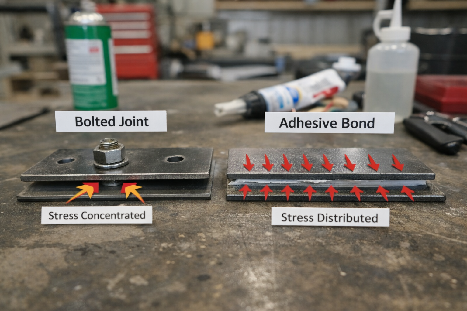 Diagram showing stress distribution in structural adhesive bonding compared to bolt fixing. Structural adhesives UK