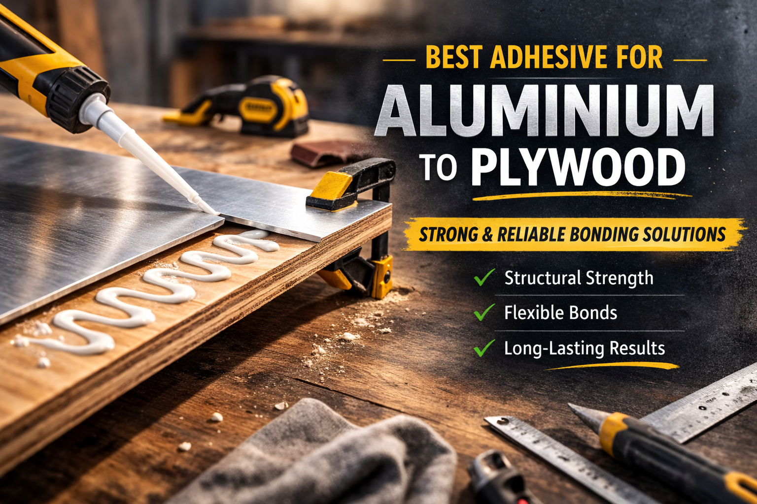 Aluminium sheet being bonded to plywood with adhesive and clamp in workshop setting, illustrating best adhesive for aluminium to plywood applications.