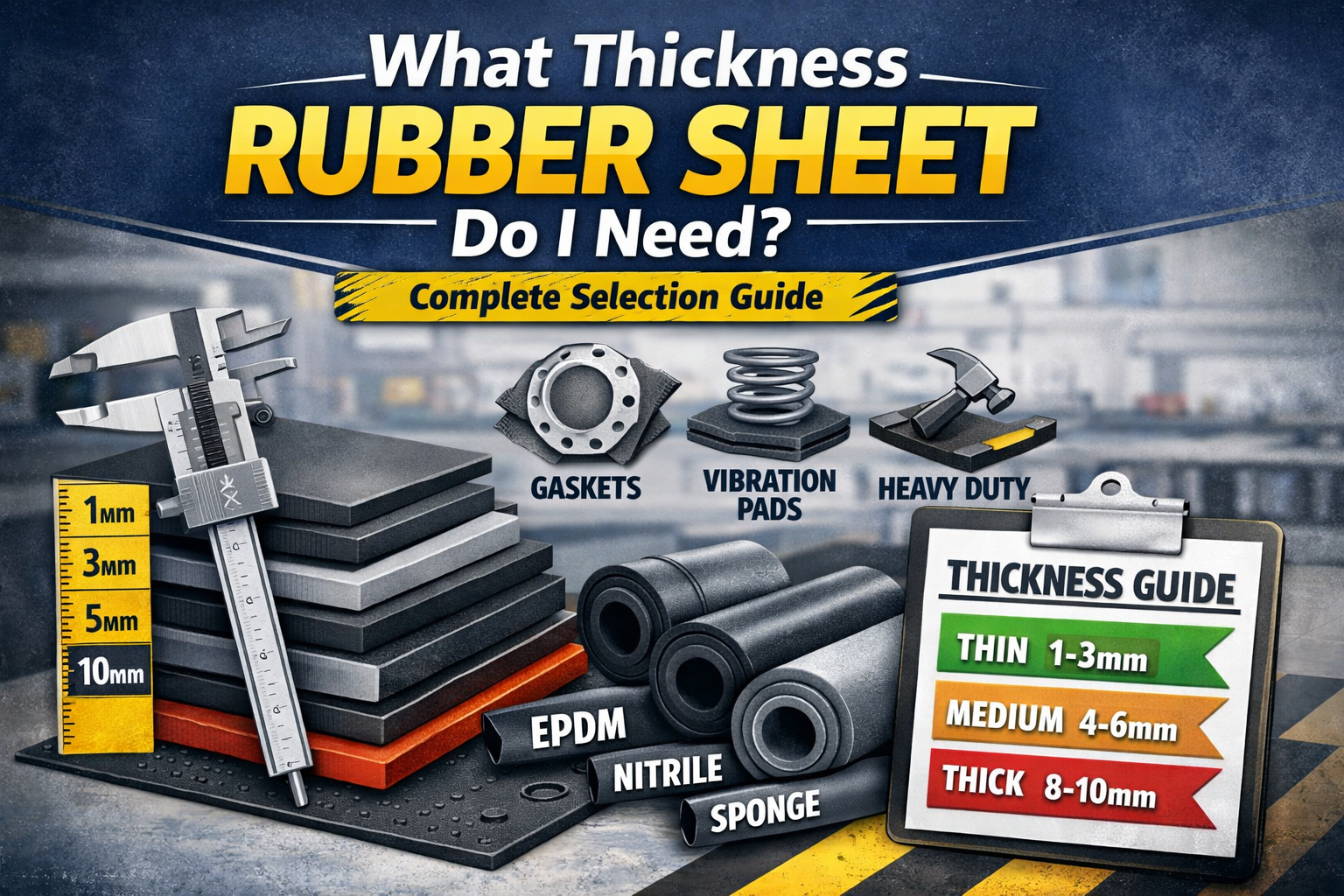 Rubber sheet thickness guide showing different rubber sheet sizes for gaskets sealing and vibration pads