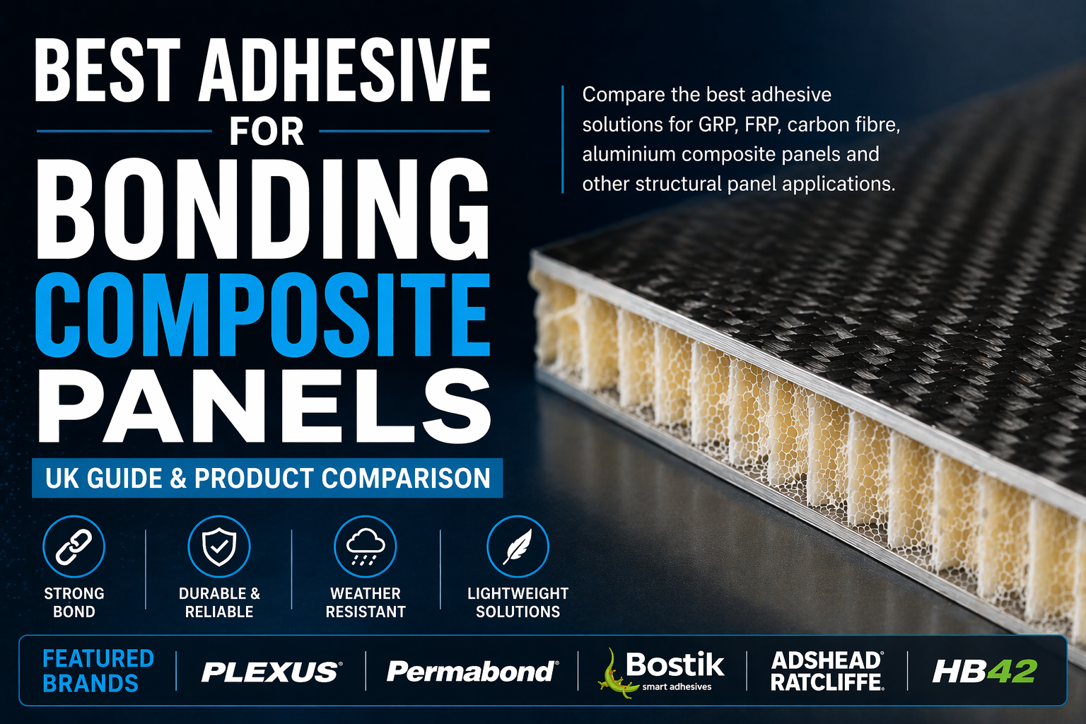 Best adhesive for bonding composite panels guide image showing composite sandwich panel with text overlay and featured brands including Plexus, Permabond, Bostik, Adshead Ratcliffe and HB42.