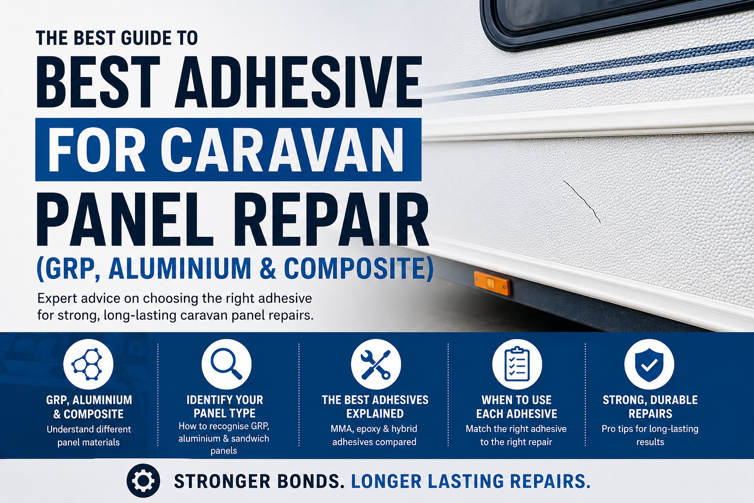 Small crack on caravan side panel showing GRP or composite damage for best adhesive for caravan panel repair guide