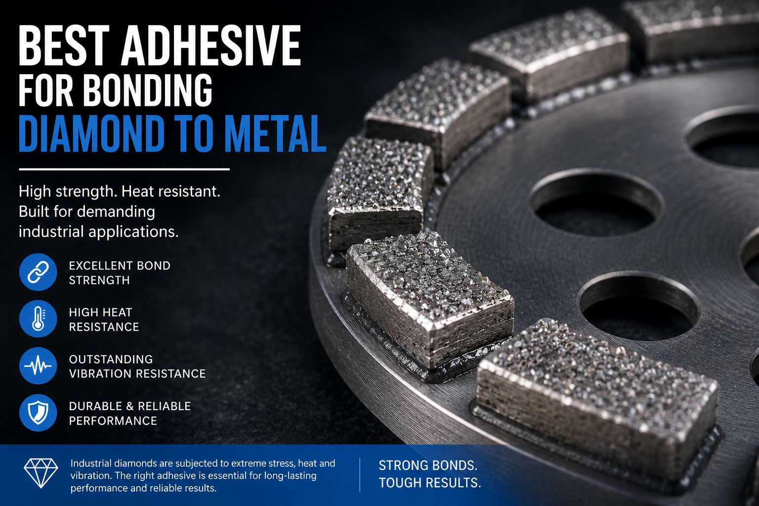 Industrial diamond segments bonded to a metal cutting disc, illustrating high-strength adhesive solutions - best adhesive for bonding diamond to metal in industrial tooling applications.